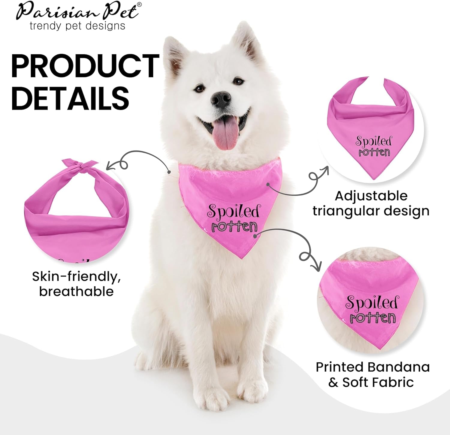 Dog Bandanas with Printed 'Spoiled Rotten' Word - Tie-On Adjustable Bandana for Dogs - Female Dog Scarf for Small Dogs - Triangle Cat and Dog Bib - Pink Handkerchief for Pets - S