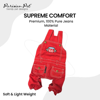 Denim Dog Overalls - Embroidered 'Route 66' Red Jumpsuit - Breathable, Machine-Washable Medium Dog Costume