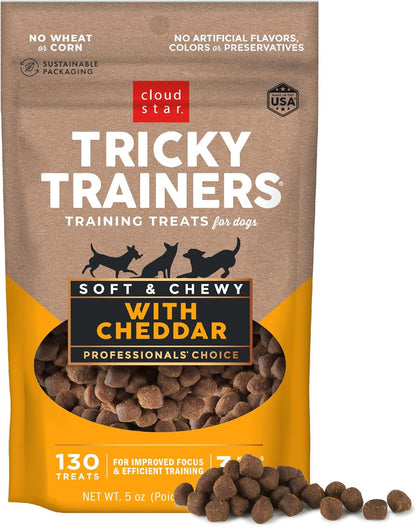 Tricky Trainers Soft & Chewy Dog Training Treats 5 Oz. Bag, Cheddar Flavor, Low Calorie Behavior Aid with 130 Treats