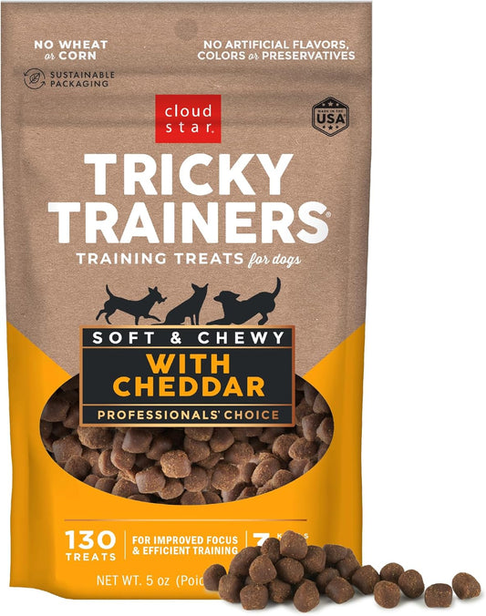 Tricky Trainers Soft & Chewy Dog Training Treats 5 Oz. Bag, Cheddar Flavor, Low Calorie Behavior Aid with 130 Treats