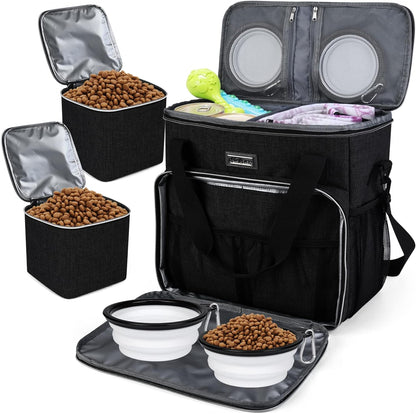 Dog Travel Bag, Pet Travel Bag (All Pet Travel Supplies), with 2 Pet Food Containers and 2 Collapsible Silicone Bowls; Essential Kits for Travel Black