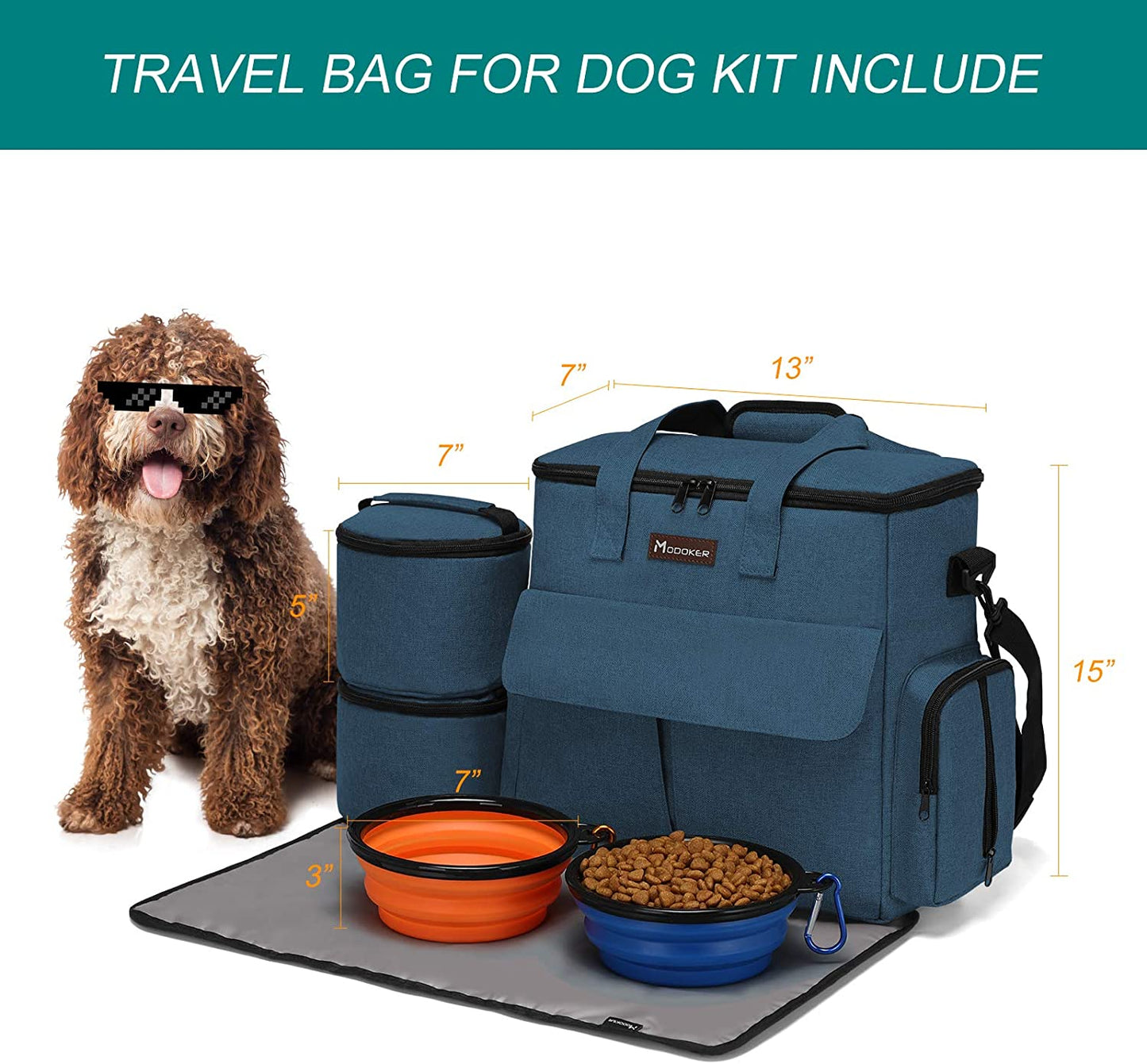 Ultimate Dog Travel Bag: Airline Approved Weekend Pet Set with Multi-Function Pockets, Food Storage Containers, Collapsible Bowls & Feeding Mat (Blue)