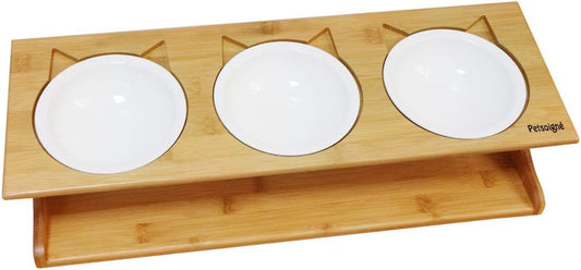 Cat Bowls Pet Dining Table with Raised Slope Wooden Stand Elevated Pet Bowls with Oblique Stand for Cats, Dogs, Kitten and Puppy (3 Bowls, Ceramics)