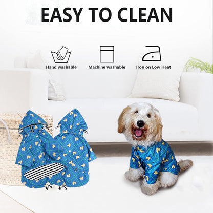 Dog Zip up Raincoat with Reflective Buttons, Rain/Water Resistant, Adjustable Drawstring, Removable Hood, Raincoats with Legs 8Lbs to 80Lbs Available - Grid Blue - Large