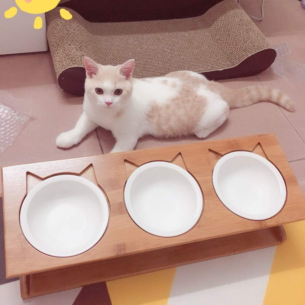 Cat Bowls Pet Dining Table with Raised Slope Wooden Stand Elevated Pet Bowls with Oblique Stand for Cats, Dogs, Kitten and Puppy (3 Bowls, Ceramics)
