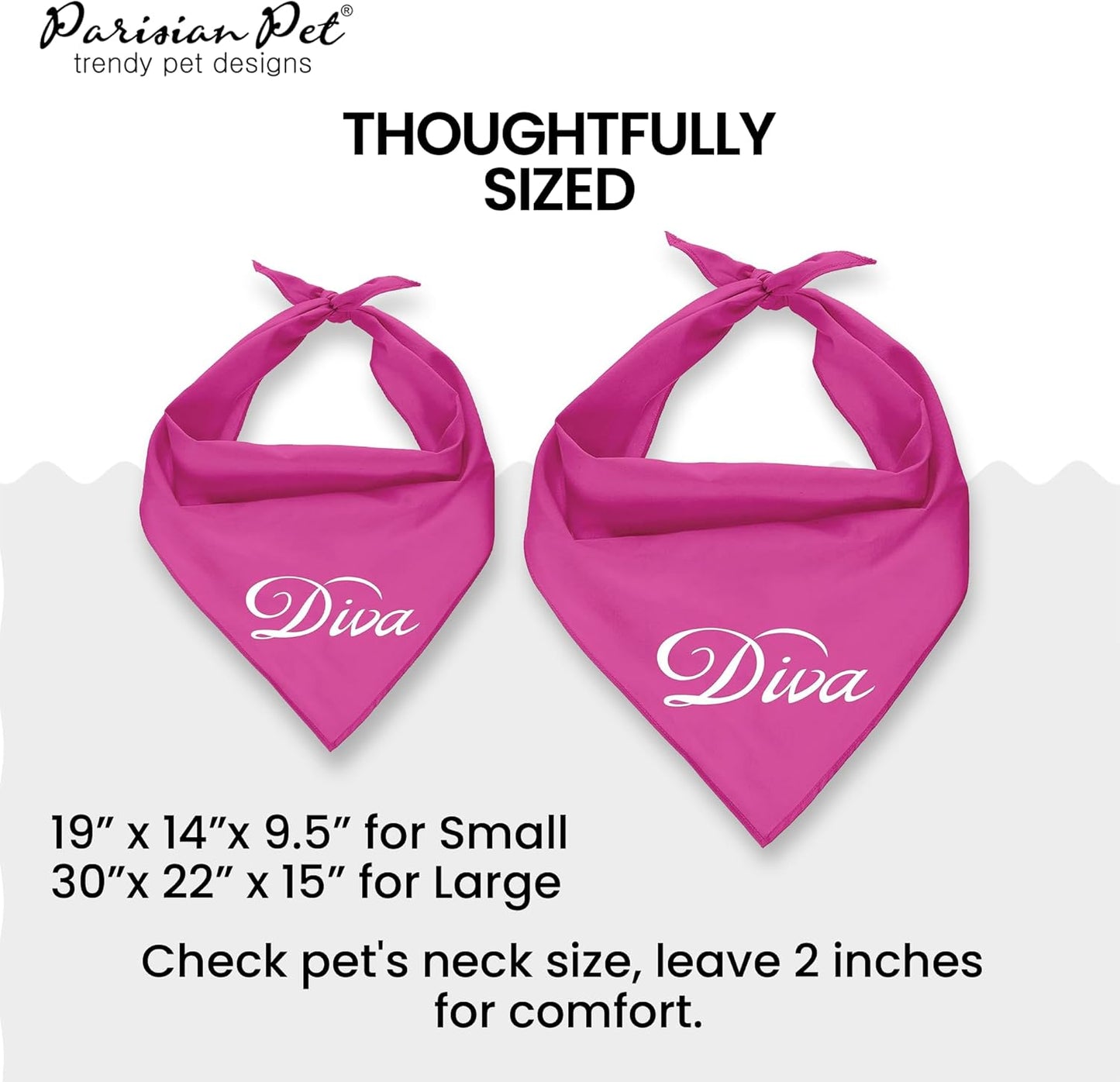 Dog Bandanas with Printed 'Diva' Word - Classy Tie-On Adjustable Girl Dogs Bandana - Scarf for Large Dogs - Washable Triangle Female Dog Bib - Pink Handkerchief for Pets - L