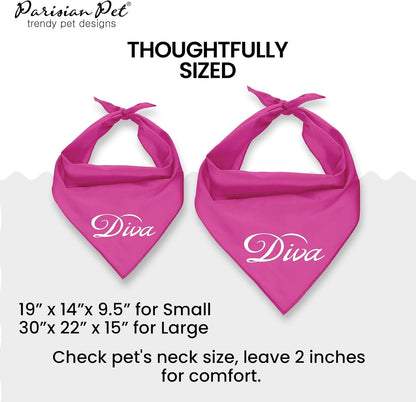 Dog Bandanas with Printed 'Diva' Word - Classy Tie-On Adjustable Girl Dogs Bandana - Scarf for Large Dogs - Washable Triangle Female Dog Bib - Pink Handkerchief for Pets - L