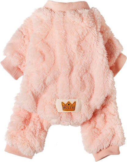 Plush Dog Pajamas for Cold Weather 4 Legged Clothes for Dog Cat Stretchy Puppy Kitten Onesie with Buttons Warm Soft Pet Jumpsuit Winter Coat Pink X-Large